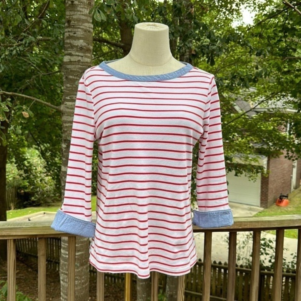 NAUTICAL RED White Striped SAILOR Top Chambray Trim Crew Neck Medium